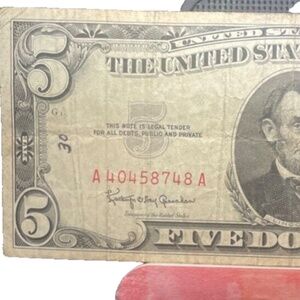 1963 $5 Red Seal # A 40458748 A Legal Note-63 Years old